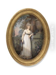 A Lady, Full-length In A White Dress, In A Garden Landscape by Louis Ami Arlaud-Jurine