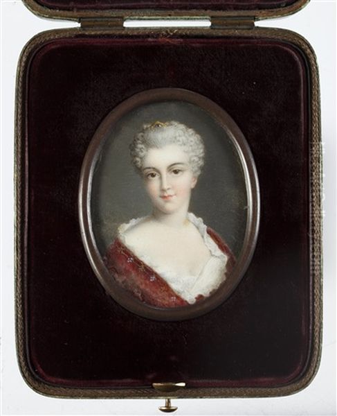 A Lady, Wearing Crimson Cloak With Embroidered Border Over White Dress With Frilled Lace Trim, Her Powdered Hair Curled, Upswept And Dressed With A Jewel Set Comb - view 1