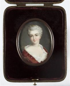 A Lady, Wearing Crimson Cloak With Embroidered Border Over White Dress With Frilled Lace Trim, Her Powdered Hair Curled, Upswept And Dressed With A Jewel Set Comb by Louis Ami Arlaud-Jurine