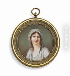 A Young Lady, In White Dress And Veil Covering Her Curling Brown Hair