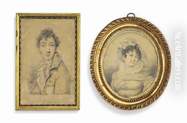 Three Drawings: A Young Lady, In White Dress With Blue Sash, Frilled Collar And Billowing Gauze Veil From Her Upswept Hair Dressed In Ringlets And Decorated With Flowers, Signed L Arlaud (bottom Centre) (+ 2 Others; 3 Works) - view 1