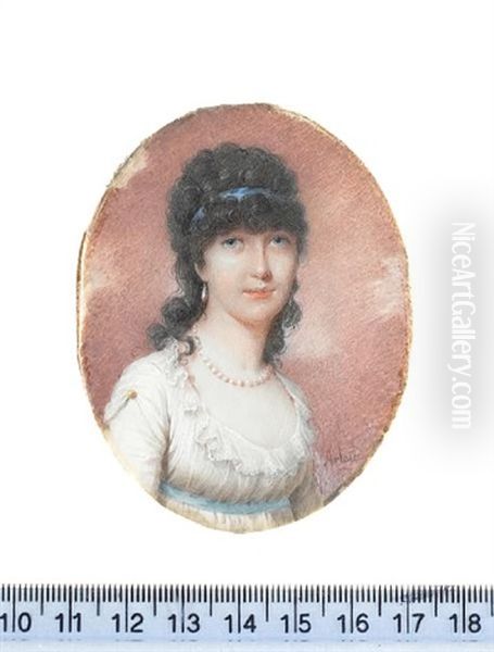 A Lady, Mary Ann Rainsford (?), Wearing White Dress, Gold Button At Her Shoulder, Frilled Lace Collar, Blue Sash, Pearl Necklace And Earrings - view 1