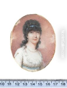 A Lady, Mary Ann Rainsford (?), Wearing White Dress, Gold Button At Her Shoulder, Frilled Lace Collar, Blue Sash, Pearl Necklace And Earrings