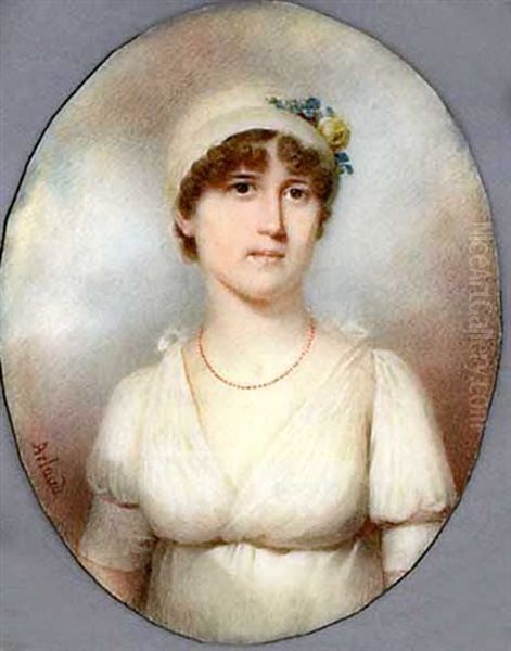 Marie-louise Soret, In White Dress, Coral Necklace, White Turban And Yellow Rose And Blue Flowers In Her Curling Brown Hair - view 1