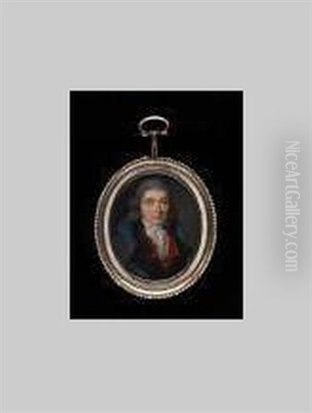 Gentleman Wearing Blue Collared Overcoat, Black Coat, Striped Red And Black Waistcoat And Gold-trimmed White Gauze Cravat - view 1