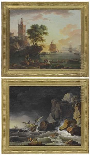 A Coastal Landscape With Fishermen Pulling In Their Nets (+ A Stormy Coastal Landscape With A Shipwreck; 2 Works) - view 1