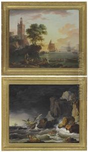 A Coastal Landscape With Fishermen Pulling In Their Nets (+ A Stormy Coastal Landscape With A Shipwreck; 2 Works) by Jean Henry d' Arles