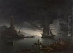 Lever De Lune Sur Un Port Mediterraneen by Jean Henry d' Arles