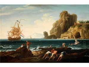 Seestuck Mit Schiff, Steilkuste Und Bootsleuten Im Vordergrund Seestuck Mit Schiff, Steilkuste Und Bootsleuten Im Vordergrund