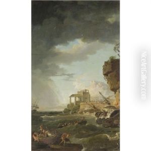 A Shipwreck Off A Rocky Coast by Jean Henry d' Arles