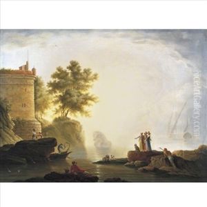 Port Scene With Elegant Figures And Fishermen by Jean Henry d' Arles