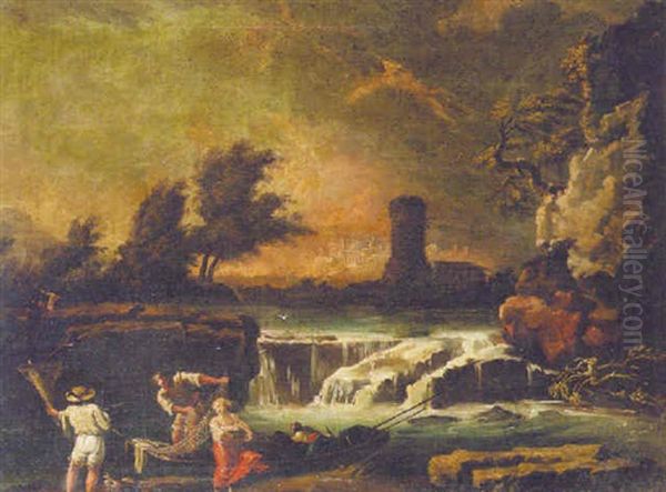 A River Landscape With Fishermen By A Torrent - view 1