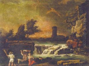 A River Landscape With Fishermen By A Torrent