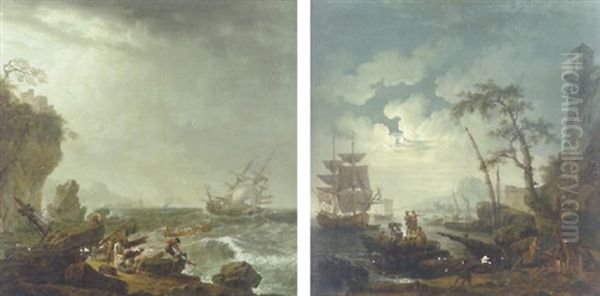 A Rocky Coastline With Ships Foundering In Heavy Seas - view 1