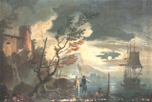 Moonlit Mediterranean Harbour Scene With Fishermen On The Shore - view 1