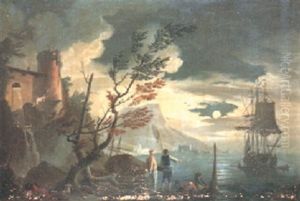 Moonlit Mediterranean Harbour Scene With Fishermen On The Shore