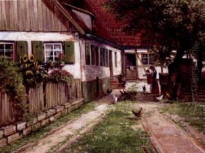 Bauernhaus Mit Huhnerhof Unf Garten Im Sonnigen Licht by Karl Armbrust