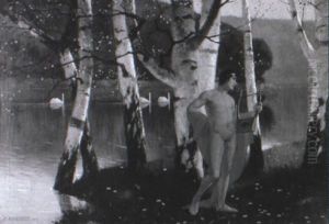 Leierspieler In Birkenwald An Einem Flus by Karl Armbrust