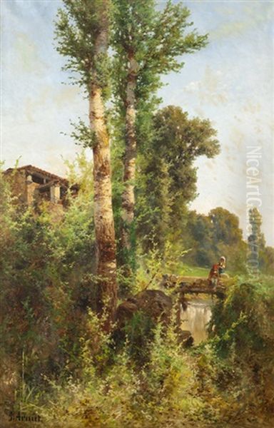 Children On Bridge In A Landscape - view 1