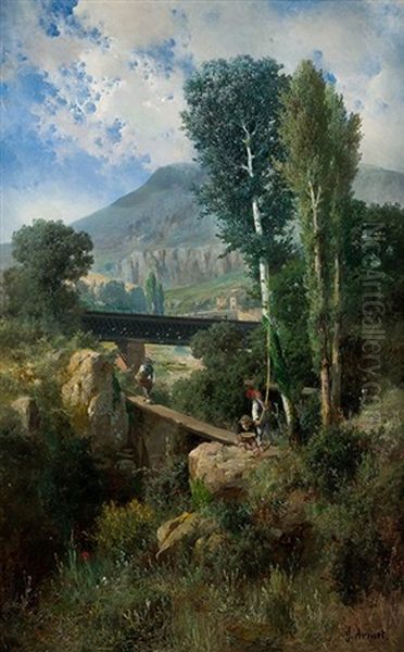 Paisaje Con Ninos En Un Puente - view 1