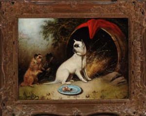 Three Dogs By An Upturned Barrel by Edward Armfield