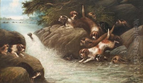 Dogs Hunting Otter In River (2 Works) - view 1