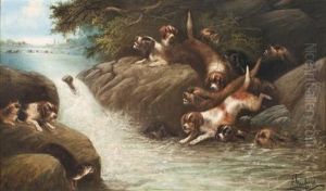 Dogs Hunting Otter In River (2 Works) by Edward Armfield