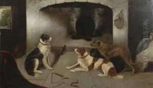 Cottage Interior With Dogs By An Open Fire by Edward Armfield
