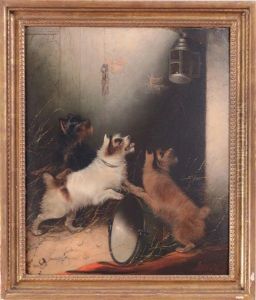 Three Terriers Watching A Mouse In A Lantern by Edward Armfield