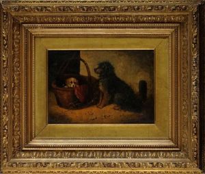 A Terrier Watching Over A Puppy Peaking Out Of A Basket by Edward Armfield