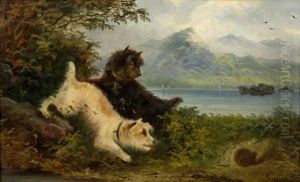 Terriers Frolicking By A Lake by Edward Armfield