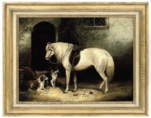 A Pony, Two Spaniels And Pigeons Outside A Stable