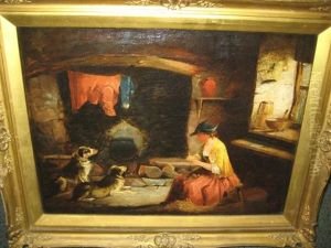 Interior Hearth Scene With Seated Woman Near Two Resting Dogs
