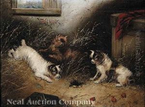 Three Terriers In A Barn by Edward Armfield