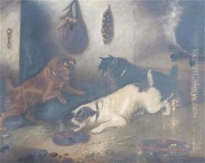 Three Terriers Playing In A Barn