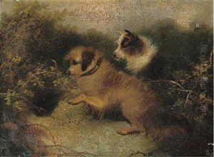 Eager Terriers Outside A Rabbit Hole (+ Excited Terriers On The Scent; Pair) by Edward Armfield