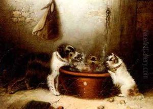 A Spaniel And Terriers At A Bowl by Edward Armfield