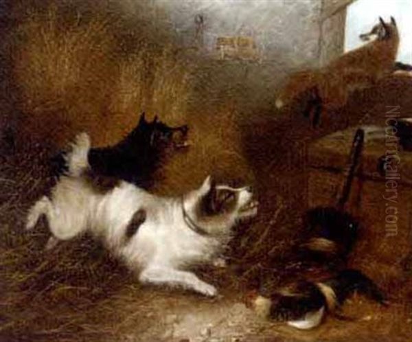 Terriers Chasing A Fox In A Barn - view 1