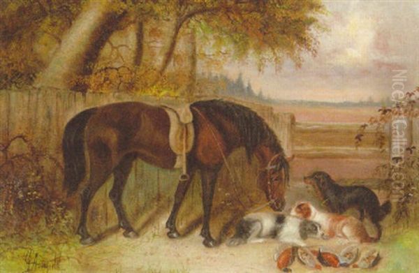 A Bay Pony And Spaniels Guarding The Day's Bag - view 1