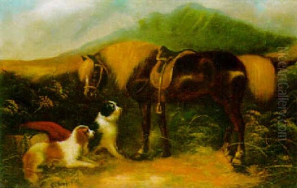 Horse And Terriers In A Highland Landscape - view 1