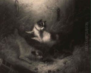 Three Terriers In A Barn by Edward Armfield