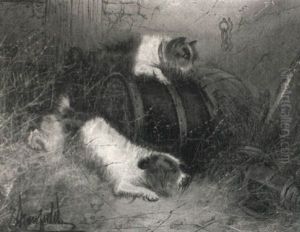 Terriers Ratting In A Barn; And Hunting Dogs With Dead Game In An Interior by Edward Armfield