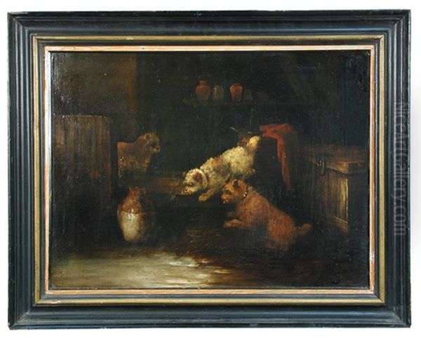 Two Terriers Chasing A Mouse Whilst A Cat Looks On; And Two Terriers Chasing A Cat (a Pair) - view 1