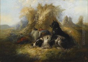 Two Dogs Resting By Their Master's Lunch Basket; Also A Companion Painting Of Three Terriers Chasing A Rabbit Down A Hole (a Pair) by George Armfield