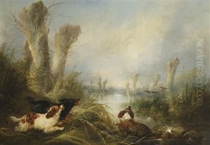 Three Spaniels In A Marsh by George Armfield