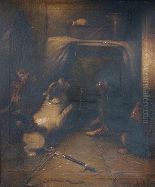Terriers Ratting; And A Liver And White Spaniel Gazing At Game On A Stone Ledge (2 Works) - view 1