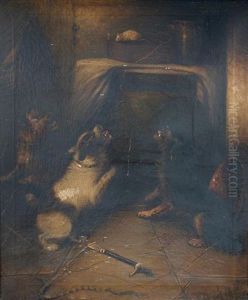 Terriers Ratting; And A Liver And White Spaniel Gazing At Game On A Stone Ledge (2 Works) by George Armfield