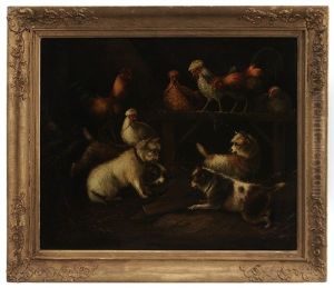 Cairn Terriers With Chickens In A Barn by George Armfield