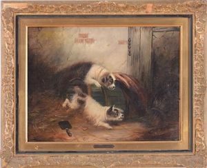 Two Terriers Stalking In A Barn by George Armfield