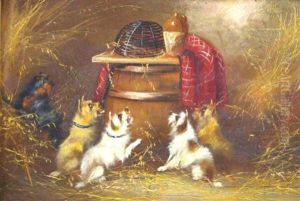 Five Terriers Eying The Contents Of A Dome Atop A Barrel by George Armfield